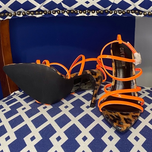 Neon orange brown black leopard cheetah strappy pointy toe high heel sandals - Picture 2 of 5